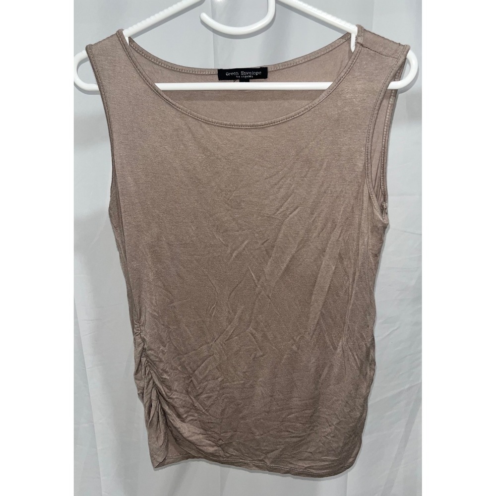 Green Envelope Side Ruched Tank Top Taupe Brown Sleeveless Scoop Neck Small